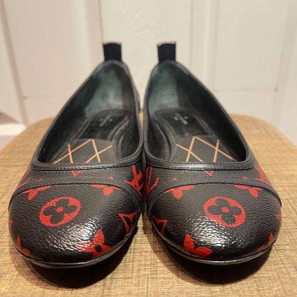 LOUIS VUITTON BLACK RED MONOGRAM REVIVAL BALLERINA FLAT SHOES 36.5 - Picture 11 of 12